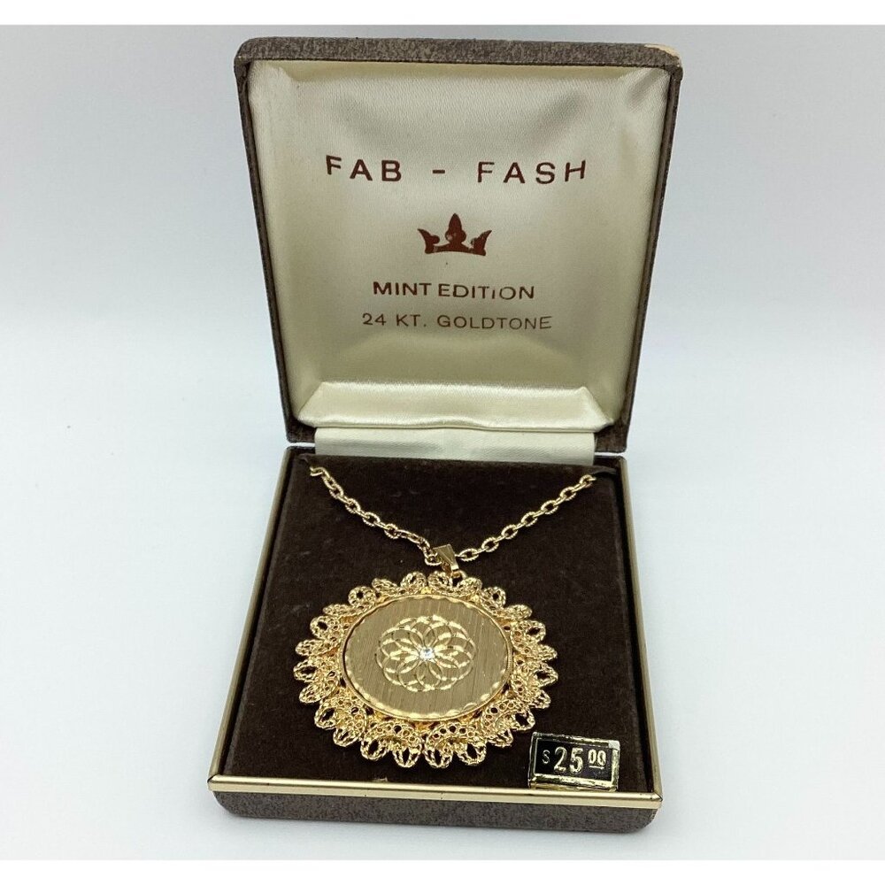 1970s 24KT HGE Gold Tone Pendant With CZ by Fab Fash-NOS